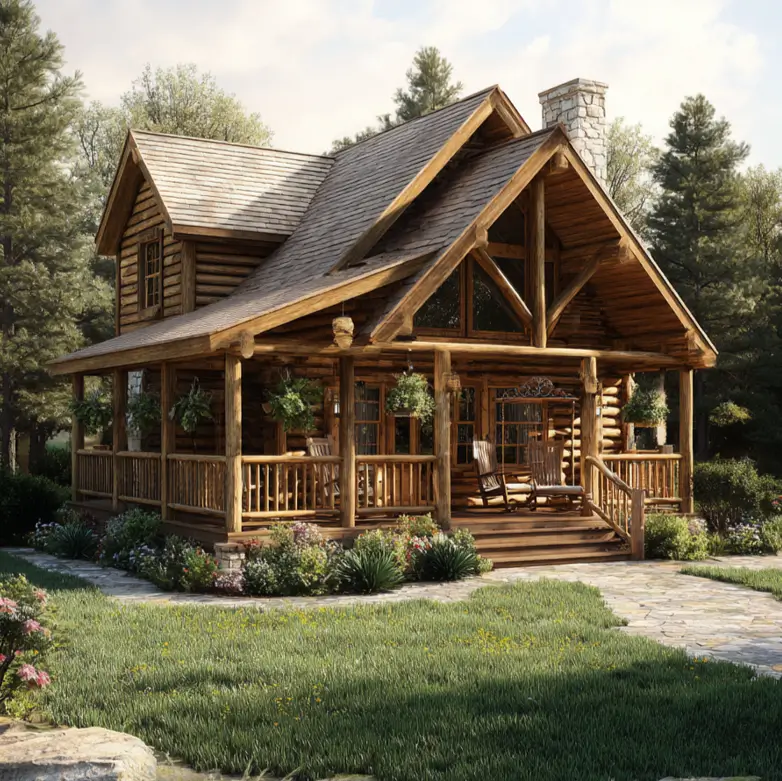 A classic log cabin house style featuring a large, covered porch with hanging plants and rocking chairs.