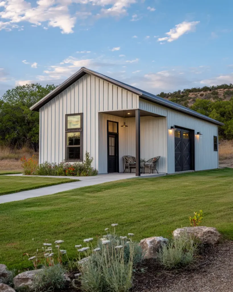 A minimalist white barndominium with a small inset porch and black double doors, set against a manicured lawn.