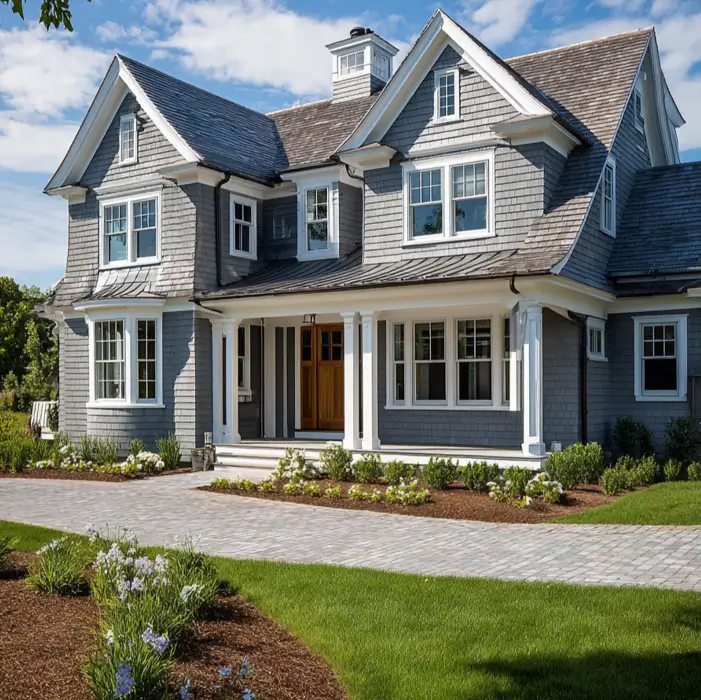 Stately modern craftsman style house with uniform gray shingle siding, a welcoming porch with classic white round columns, and a natural wood front door.