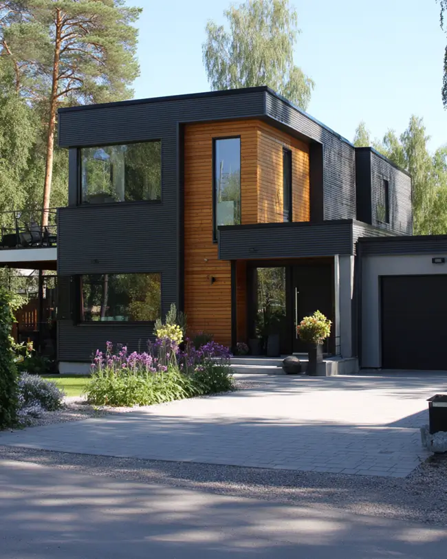 A modern Scandinavian exterior featuring a mix of dark corrugated metal and natural wood siding, with an attached garage.