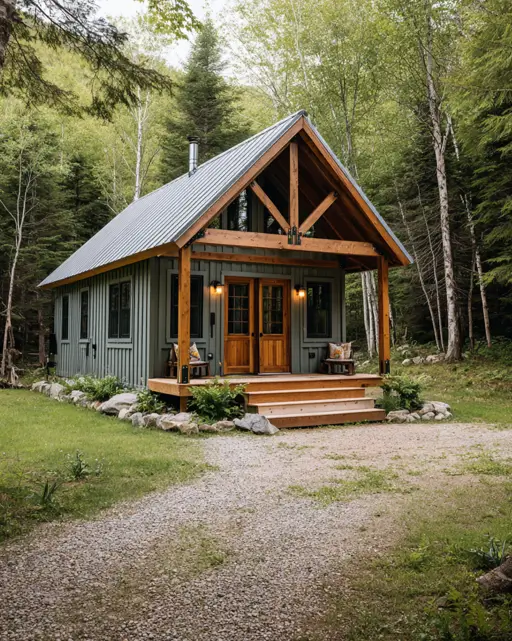 55 Tiny Cabin Ideas: The Ultimate Guide to Exterior & Interior Design 28 A modern tiny cabin idea with sage green siding, an exposed natural wood porch frame, and a durable metal roof.