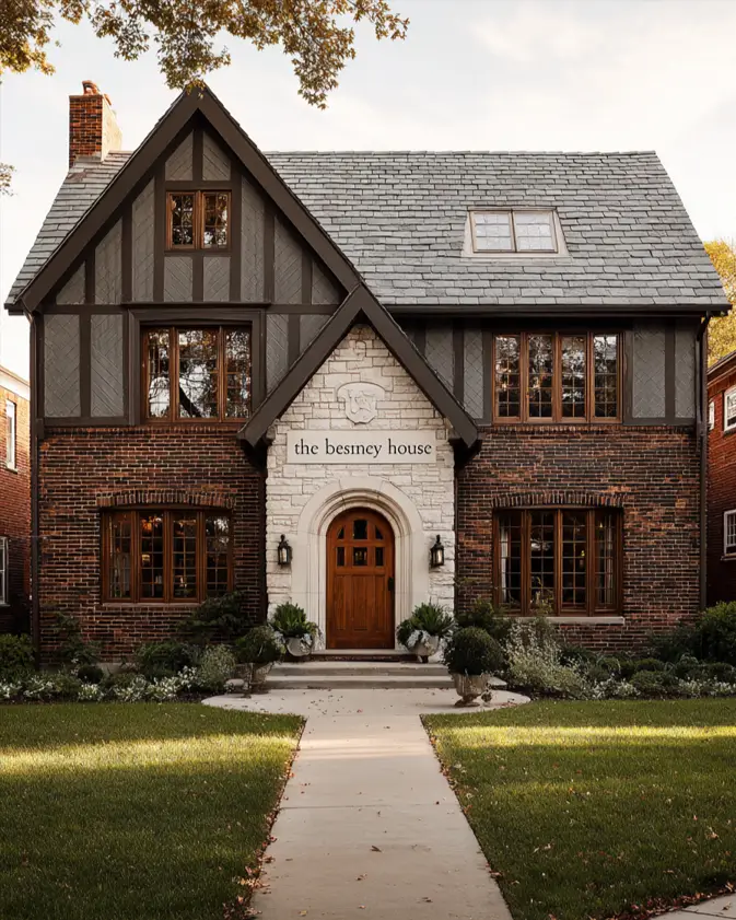 A modern Tudor-style house with a dark brick exterior and a prominent, contrasting light stone entryway.