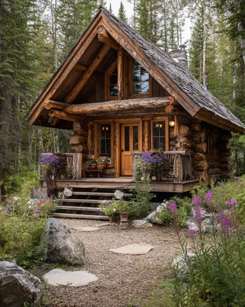 A secluded tiny log cabin with a wood shake roof and a porch decorated with purple wildflowers, set in a dense, green forest.