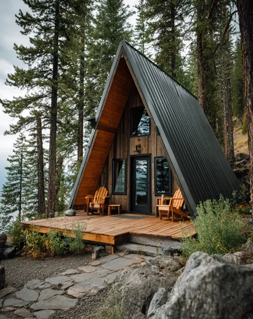 Tiny A-Frame Cabins: 31 Inspiring Ideas for Your Dream Retreat 29 A modern small a-frame house with a breathtaking overlook from its cliffside deck.