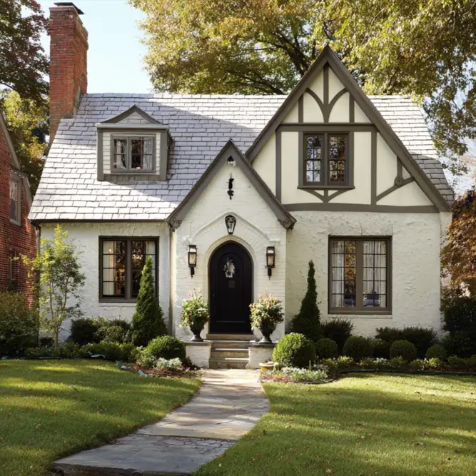 An elegant small Tudor home with a soft, creamy white exterior, complemented by earthy taupe trim on the gables and a classic black arched door.