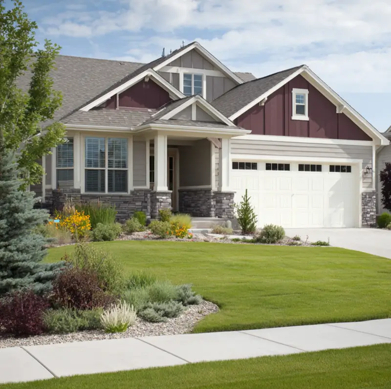 A suburban house exterior with a sophisticated tri-tone color scheme, featuring neutral gray siding, a natural stone base, and rich burgundy accents in the gables.
