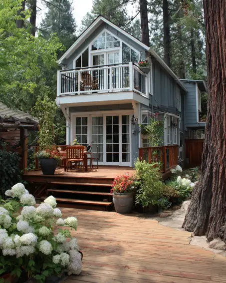 36 Tiny House Design Ideas + An Expert Interior Guide for 2025 29 A two-story blue-grey tiny house with a wooden deck and an upper balcony, surrounded by trees.