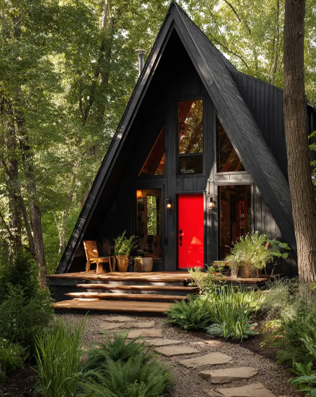 A black A-frame cabin nestled in the woods, featuring a bright red front door as a pop of color.