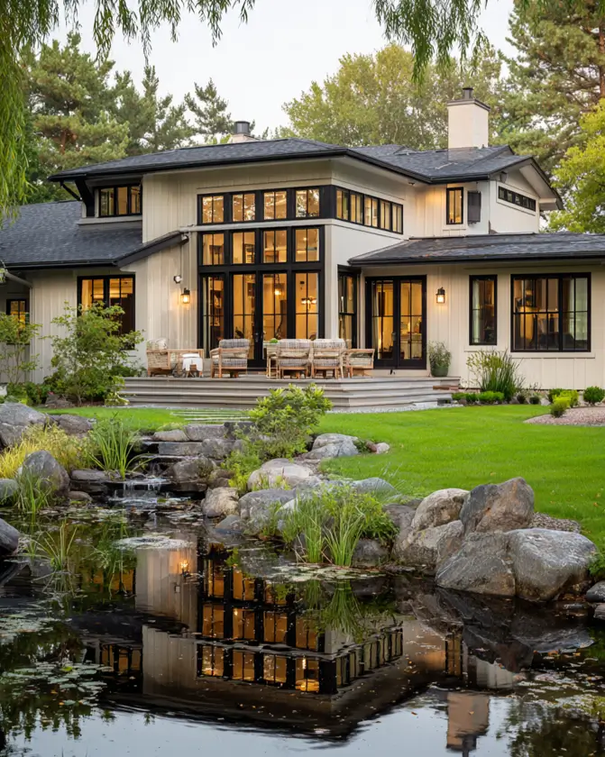 The serene backyard of a black and cream house exterior, featuring a large patio and a landscaped pond that reflects the home's lights.