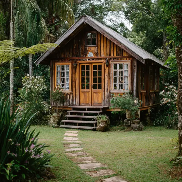 A rustic wooden cabin elevated on posts in a lush tropical garden with a stone path leading to the entrance.