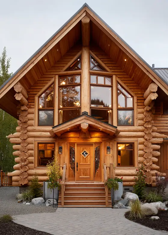 A log cabin home design entrance, featuring large custom windows and an ornate wooden door.