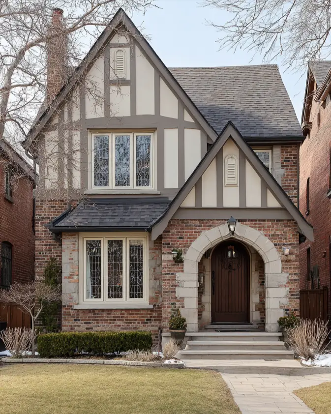 Tudor-style house with a harmonious mix of a brick and stone entryway and beige timbered gables.