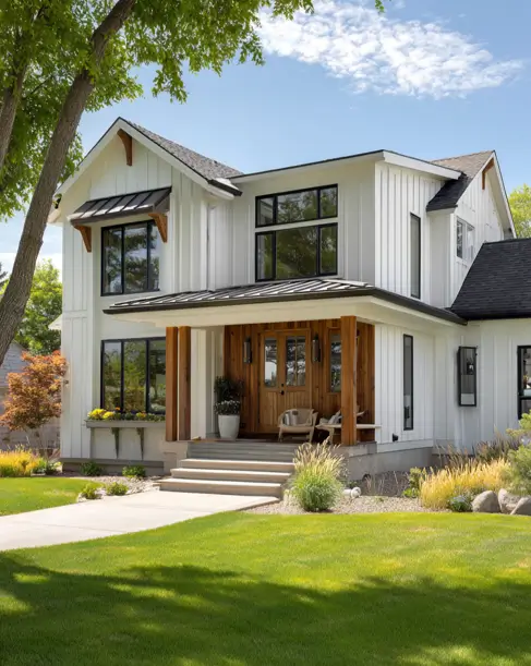 36 Modern Cottage Exterior Ideas to Achieve Timeless Curb Appeal 30 A modern cottage house exterior with white siding, featuring an inviting and cozy front porch nook completely paneled in warm natural wood.