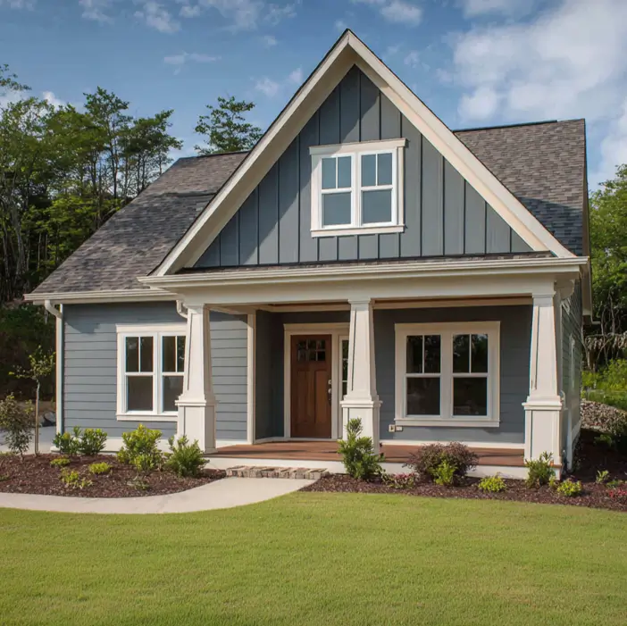 Charming modern craftsman house with blue-gray vertical siding in the gable, wide tapered white columns, and a welcoming front porch.