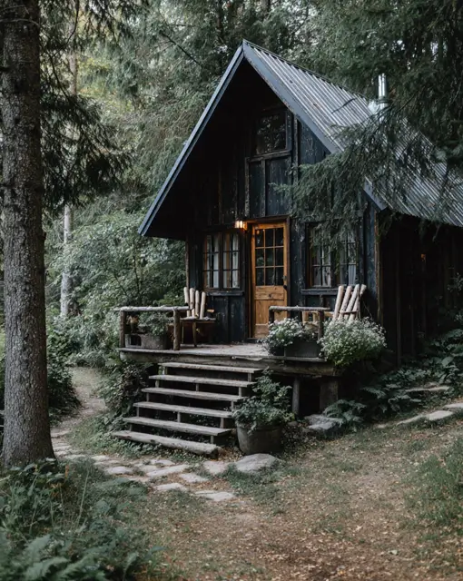 55 Tiny Cabin Ideas: The Ultimate Guide to Exterior & Interior Design 29 A dark, moody tiny cabin home with a weathered black exterior and a simple wooden porch, creating a secluded retreat in a lush forest.
