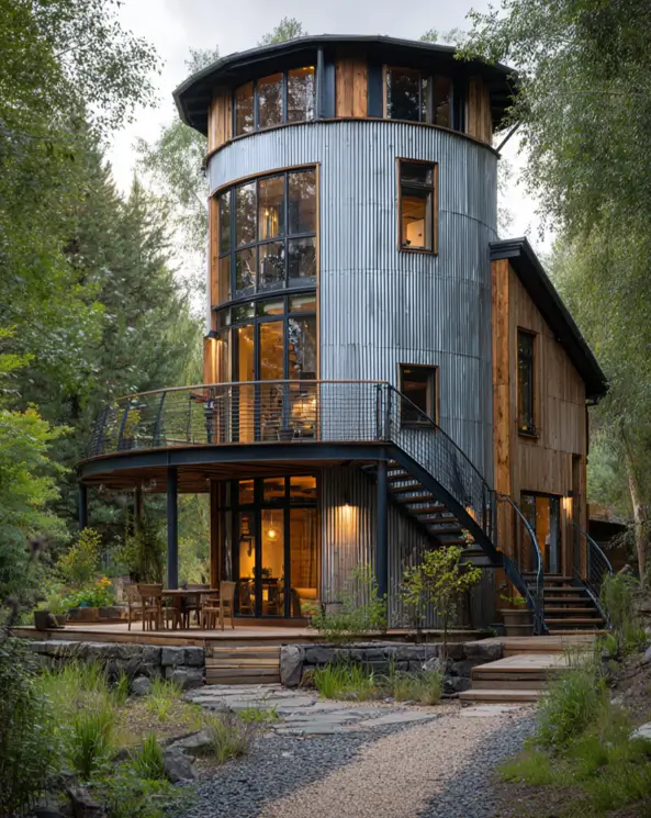 A multi-level grain silo home with a large curved wall of windows, set in a wooded area and featuring a wraparound deck.