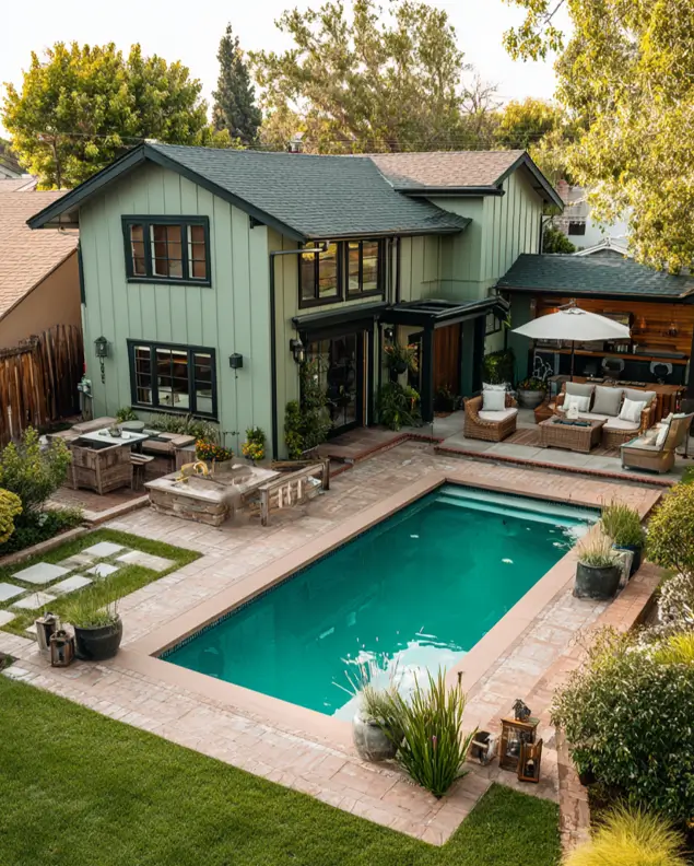 A stunning backyard oasis behind a sage green house, with a large pool and distinct patio zones for lounging and dining.