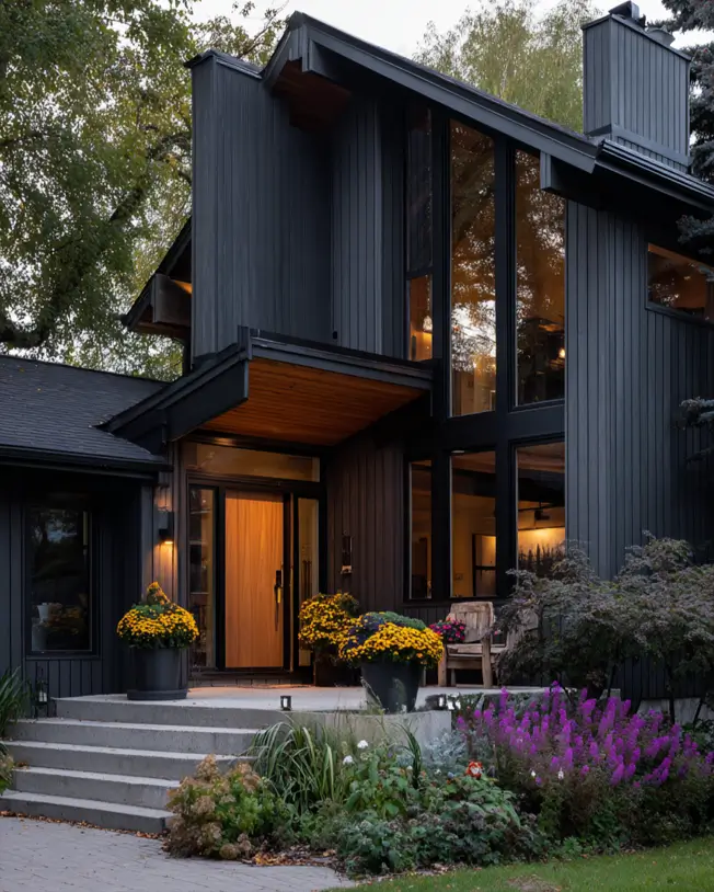 A dark Scandinavian style home exterior with a warmly lit wooden entryway, featuring colorful flowers in planters.