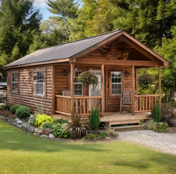 A single-story tiny log home with a neat lawn, garden beds, and a covered front porch under a blue sky.