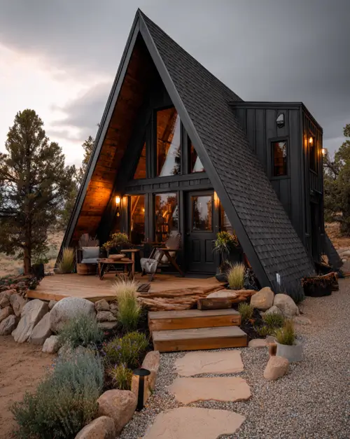 Tiny A-Frame Cabins: 31 Inspiring Ideas for Your Dream Retreat 30 A small a-frame house with a thoughtful garden path made of gravel and natural flagstone.