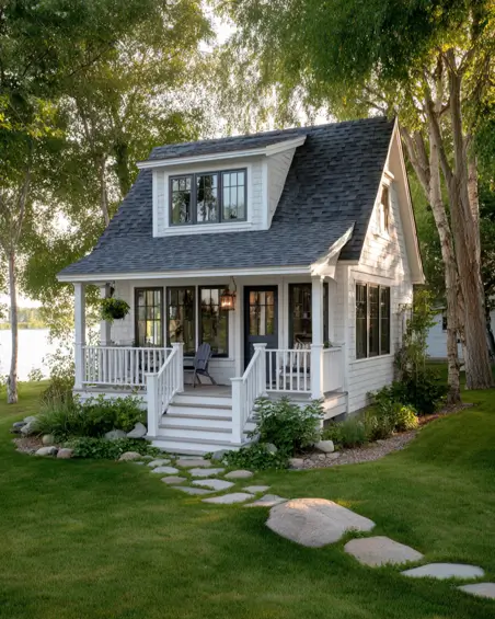 36 Tiny House Design Ideas + An Expert Interior Guide for 2025 30 A white coastal tiny house with a large dormer and a covered porch by a lake.