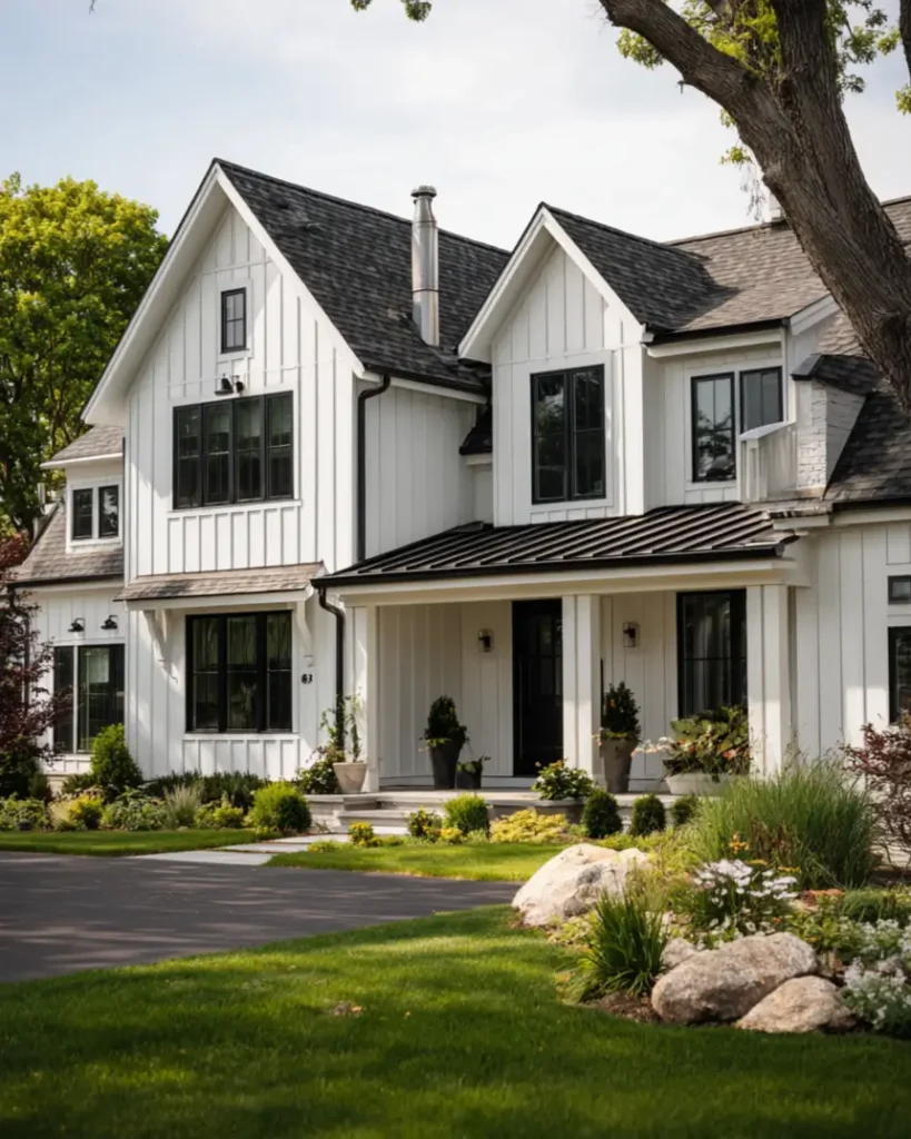 A white modern farmhouse exterior with multiple gables and a sleek, black shed-style roof over the porch.