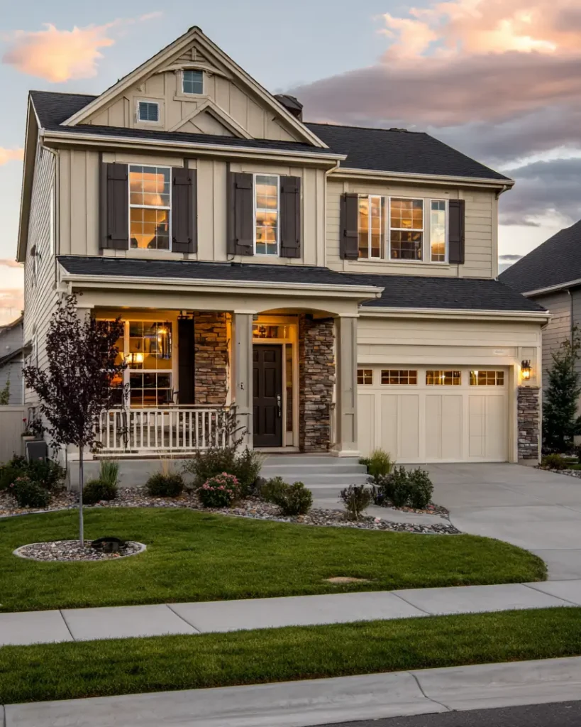 A traditional black and cream house exterior with cream siding, dark shutters, and a stone porch, glowing with warm lights at dusk.