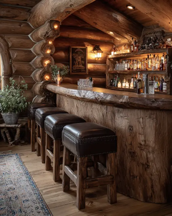 A cozy bar log cabin interior with dark upholstered stools, a patterned floor runner, and warm string lights.