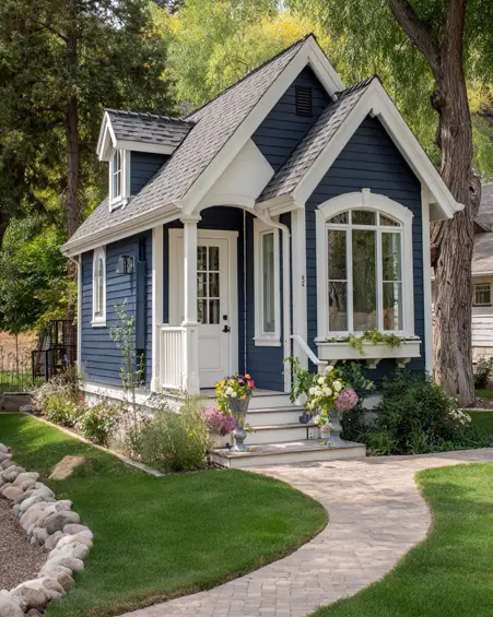36 Tiny House Design Ideas + An Expert Interior Guide for 2025 31 A dark blue tiny house with white trim and a large arched window.