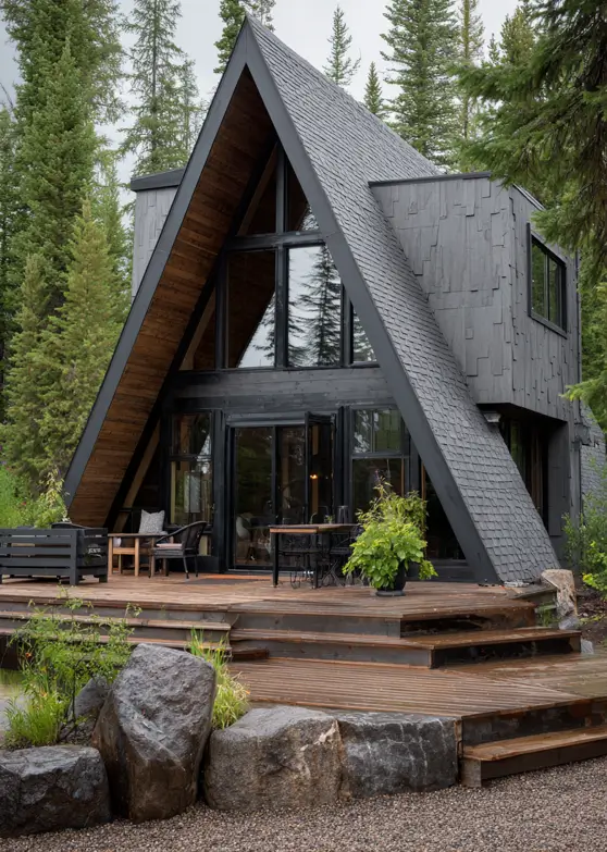 A modern a frame cabin with dark textured shingles and a wooden deck in a forest.