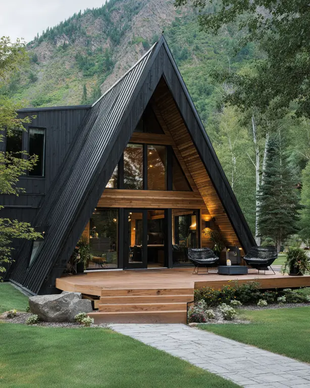 A modern black A-frame cabin with a wood-lined interior and a large wooden deck, set against a forested mountain.