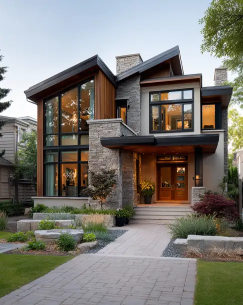 36 Modern Cottage Exterior Ideas to Achieve Timeless Curb Appeal 31 A modern cottage house exterior with angled rooflines, featuring expansive walls of glass, rugged stone pillars, and warm wood siding accents.