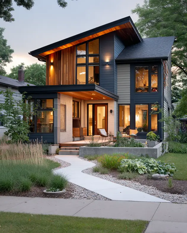 A modern Scandinavian exterior at dusk with a mix of stone, dark siding, and wood, featuring a beautifully landscaped front path.
