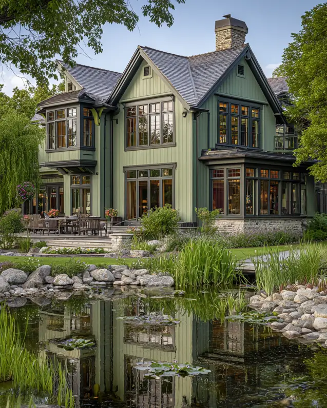 A serene waterside retreat showing a large sage green house with black trim beautifully reflected in the calm pond in front of it.