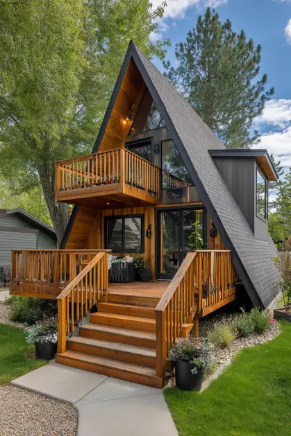 Tiny A-Frame Cabins: 31 Inspiring Ideas for Your Dream Retreat 31 A multi-level small a frame cabin with a second-story balcony to maximize outdoor living space.
