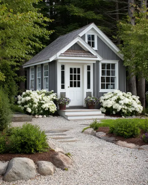A small gray house with white trim, featuring a sophisticated exterior idea with hydrangea landscaping.