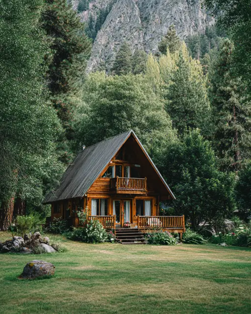 55 Tiny Cabin Ideas: The Ultimate Guide to Exterior & Interior Design 30 An A-frame small log cabin design featuring a second-floor balcony that provides stunning views of a rugged mountain backdrop.