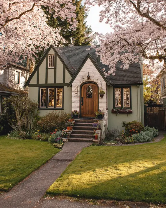A romantic small Tudor home painted in sage green, with a white brick entryway and framed by blooming pink cherry blossom trees in the spring.