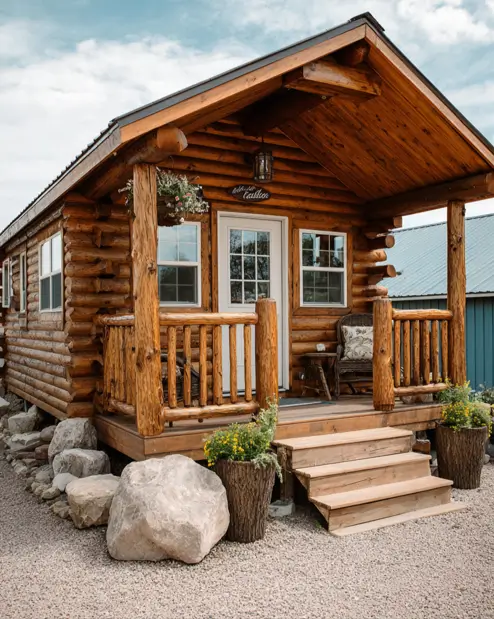 A tidy tiny log cabin with a white door, featuring rustic log planters and a large boulder accent in a gravel yard.