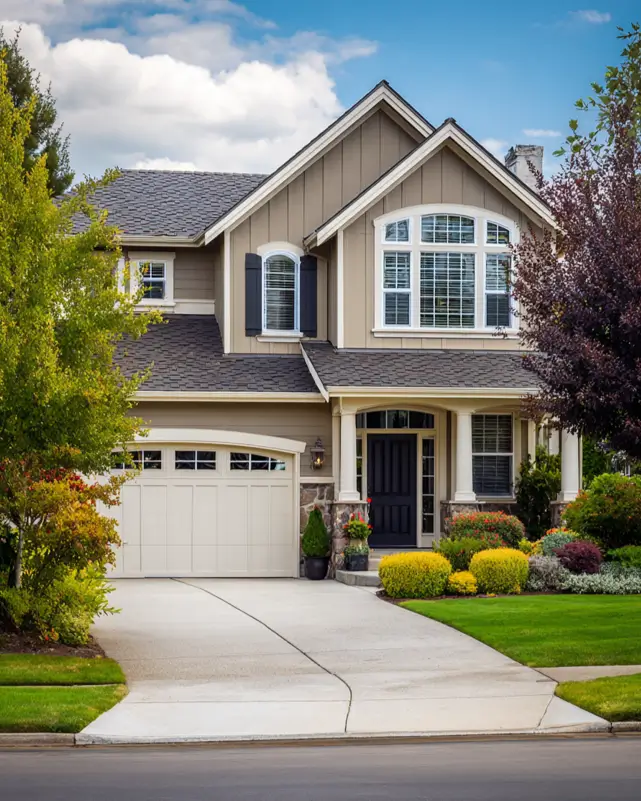 A traditional suburban house exterior idea featuring an elegant arched window above the main entrance and classic black shutters for a refined, timeless look.