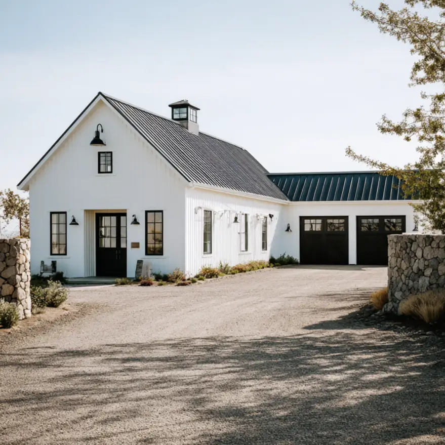 A minimalist white and black modern farmhouse featuring a classic cupola and black gooseneck barn lights.