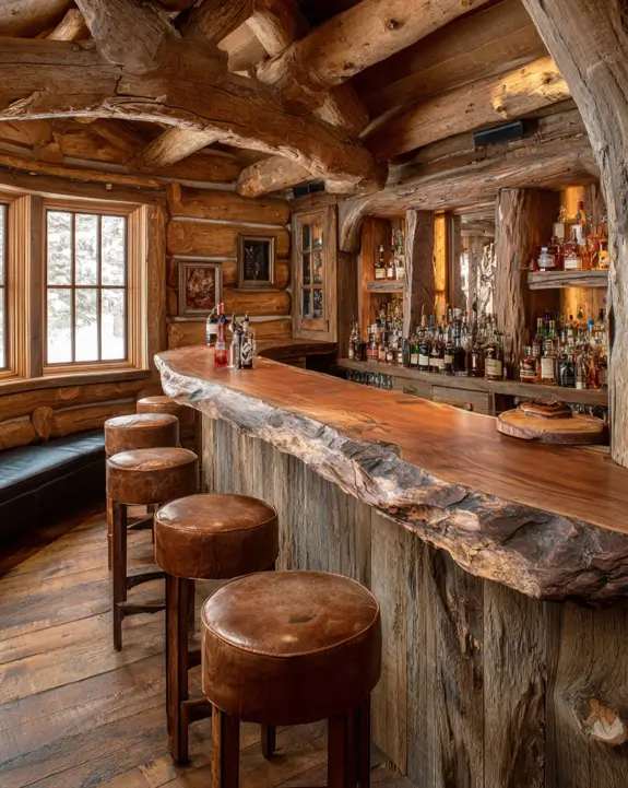 A spacious bar log cabin with a long live-edge counter and a built-in bench seat under a large window.