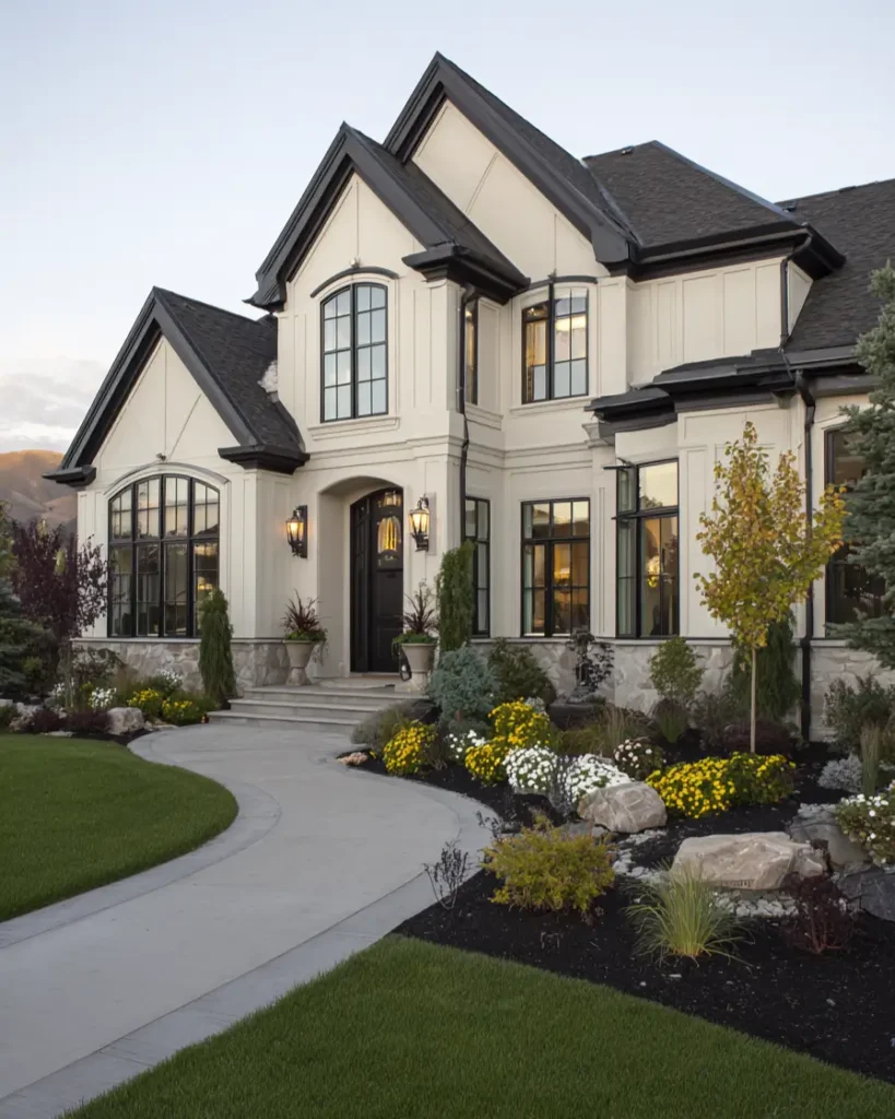 An elegant European-style cream and black house exterior with professional landscaping and a curving walkway leading to the black front door.