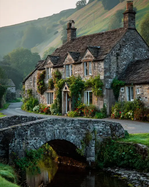 A storybook scene of stone english cottage style homes with an ancient arched stone bridge crossing a gentle stream in the morning mist.