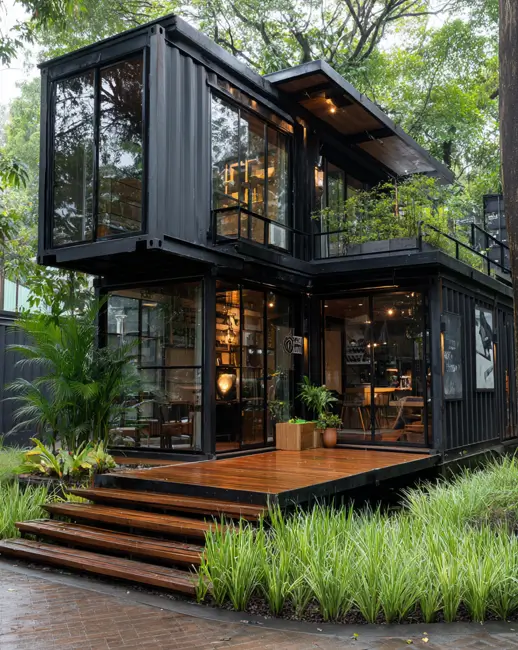 A two-story black shipping container home with extensive glass walls, nestled in a lush green forest, with a warm wooden deck and stairs surrounded by foliage.