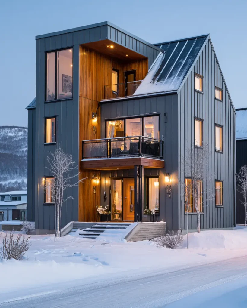 A modern Scandinavian exterior with gray metal siding and wood accents, shown in a snowy urban setting at twilight.