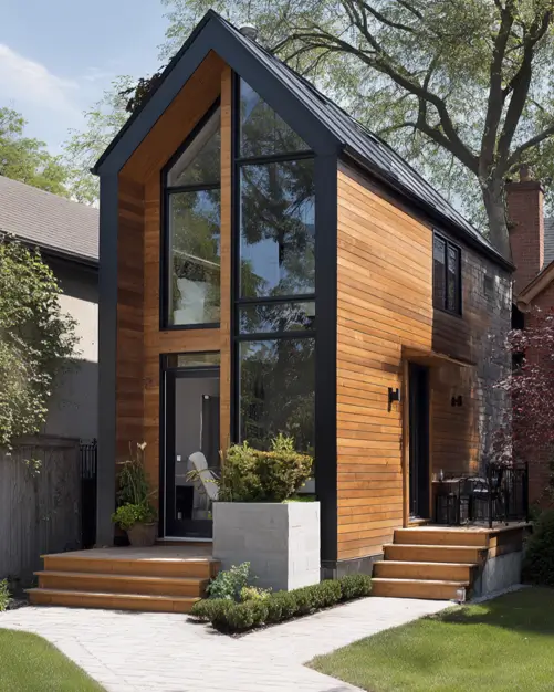A modern small house with wood siding, a black metal frame, and large windows, showcasing a contemporary exterior idea.