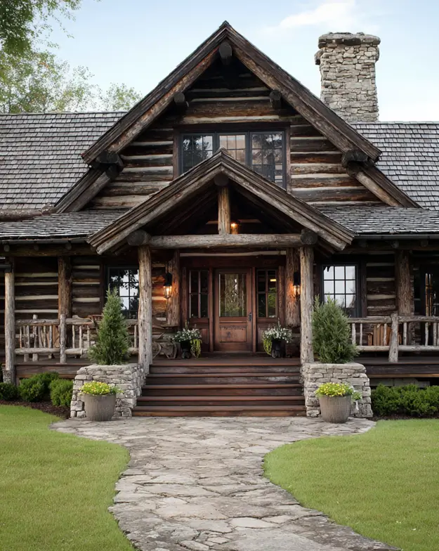A rustic log cabin with weathered logs, a timber-framed entrance, and a stone chimney.