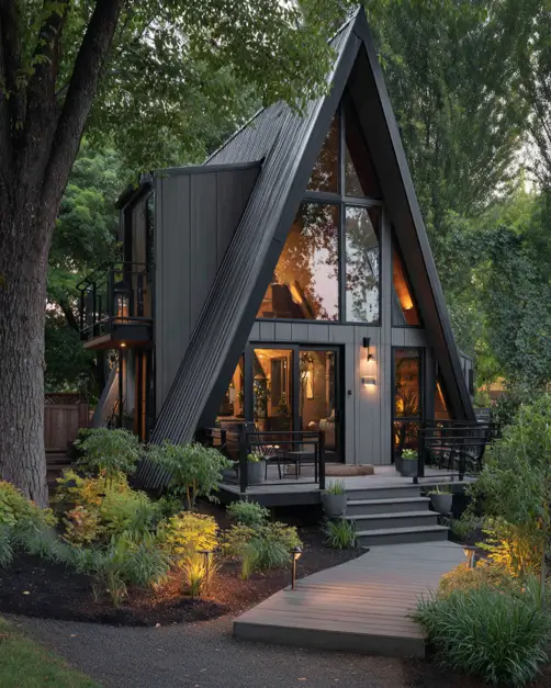 Tiny A-Frame Cabins: 31 Inspiring Ideas for Your Dream Retreat 32 A modern tiny a frame cabin with an illuminated architectural form from landscape lighting.