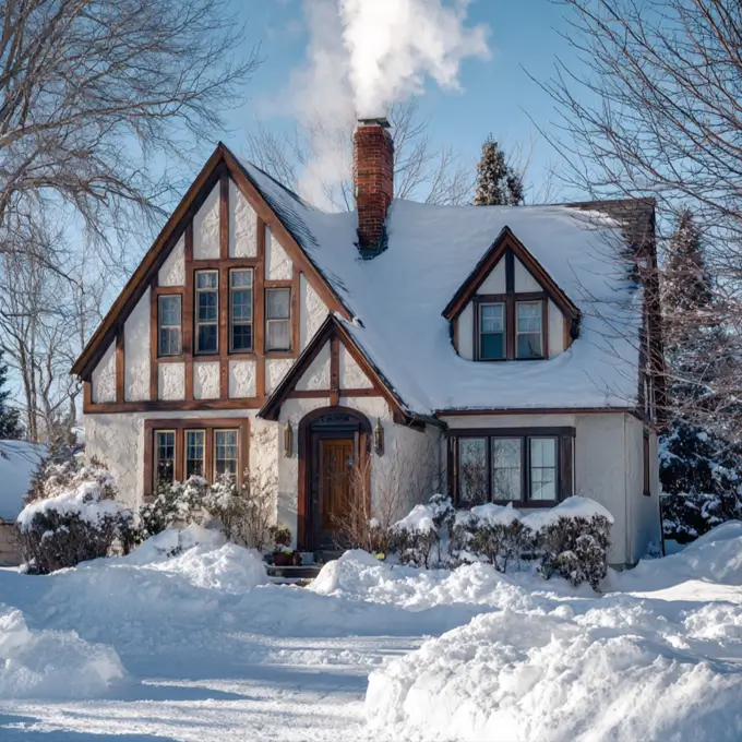 A cozy small Tudor-style house in a winter scene, covered in a blanket of snow with smoke curling from the prominent brick chimney.